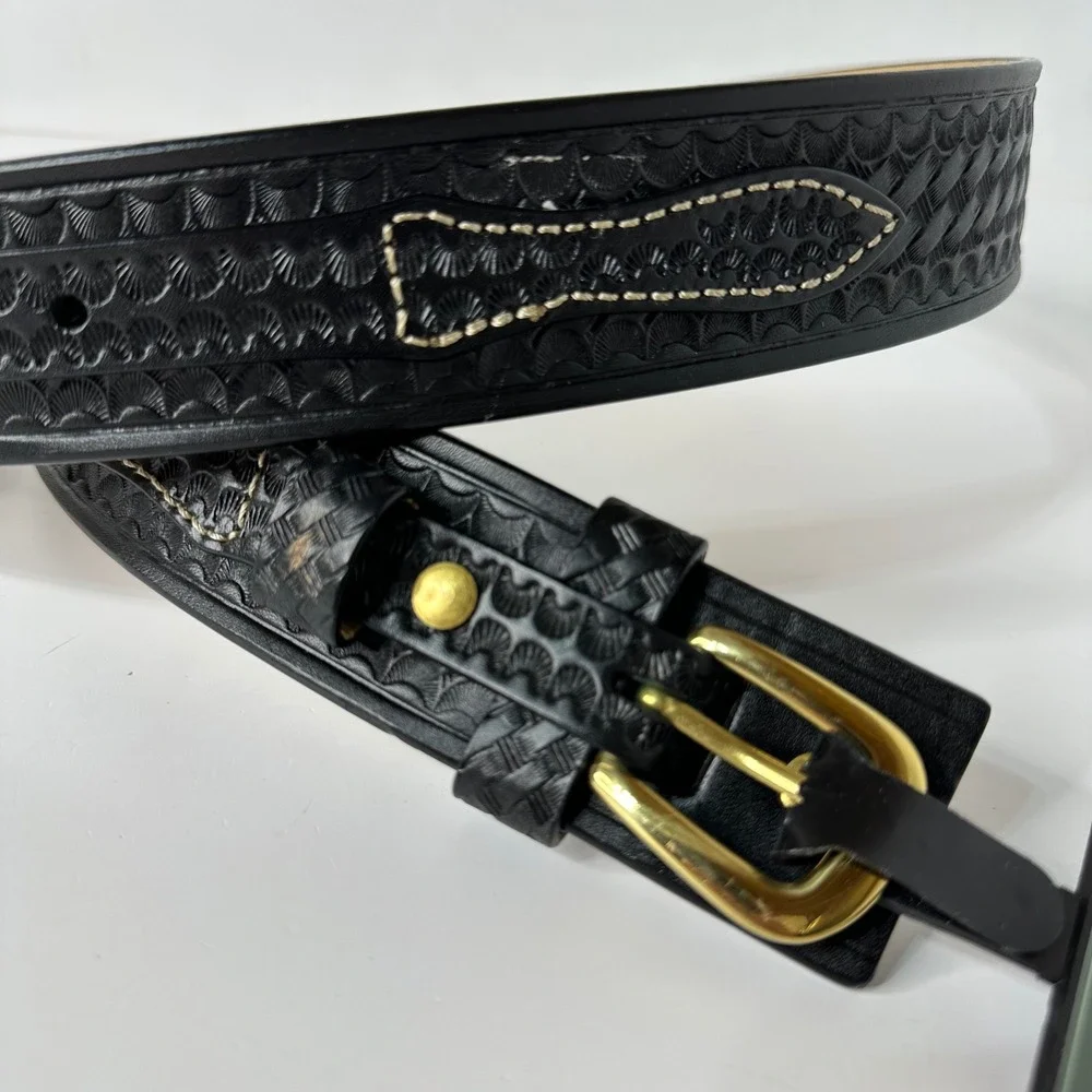 Canterbury Black Basketweave Embossed Belt Gold Tone Buckle Western Sz 34 NEW